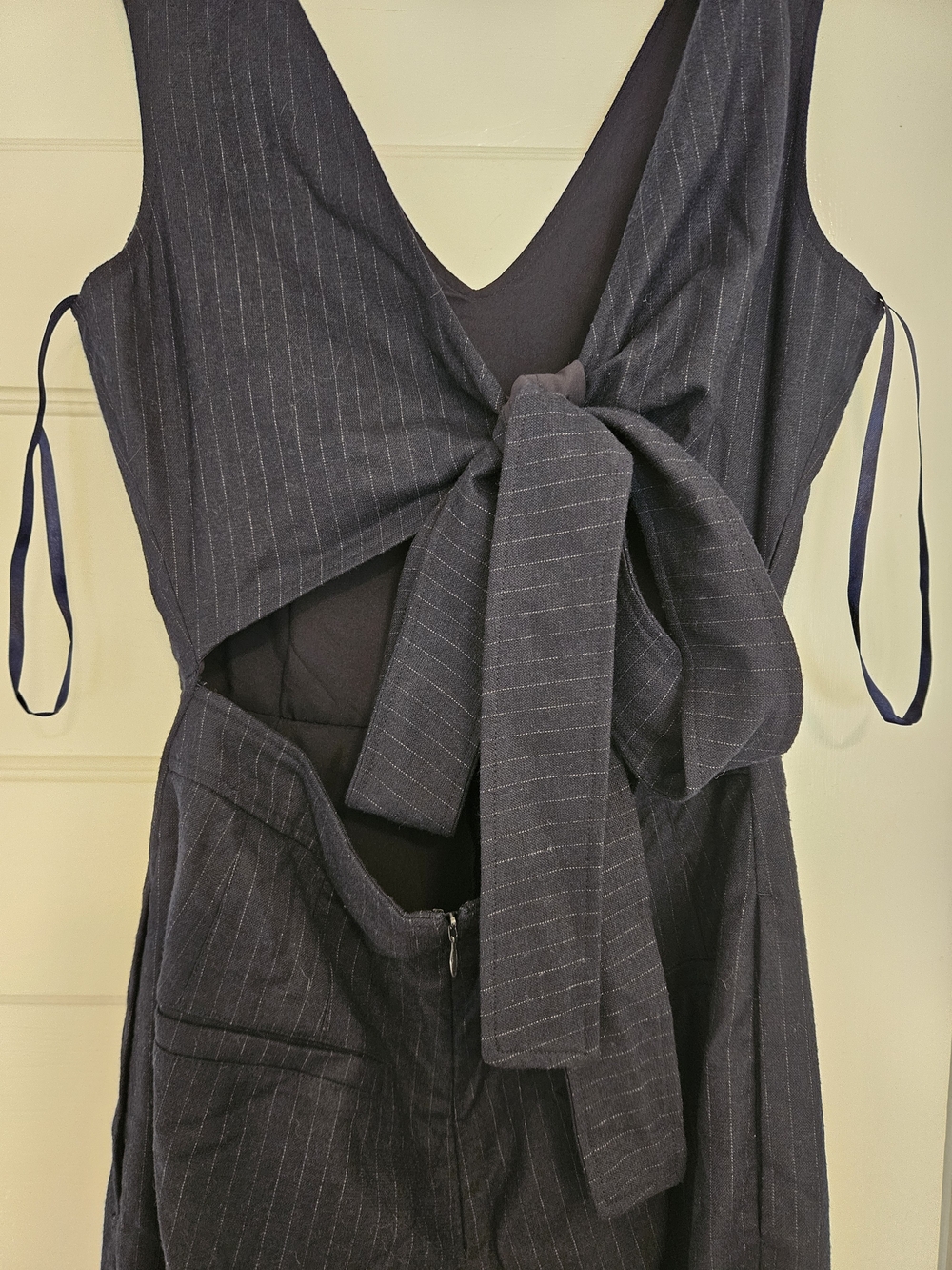 Club Monaco Navy Pinstripe Tie-Front Jumpsuit